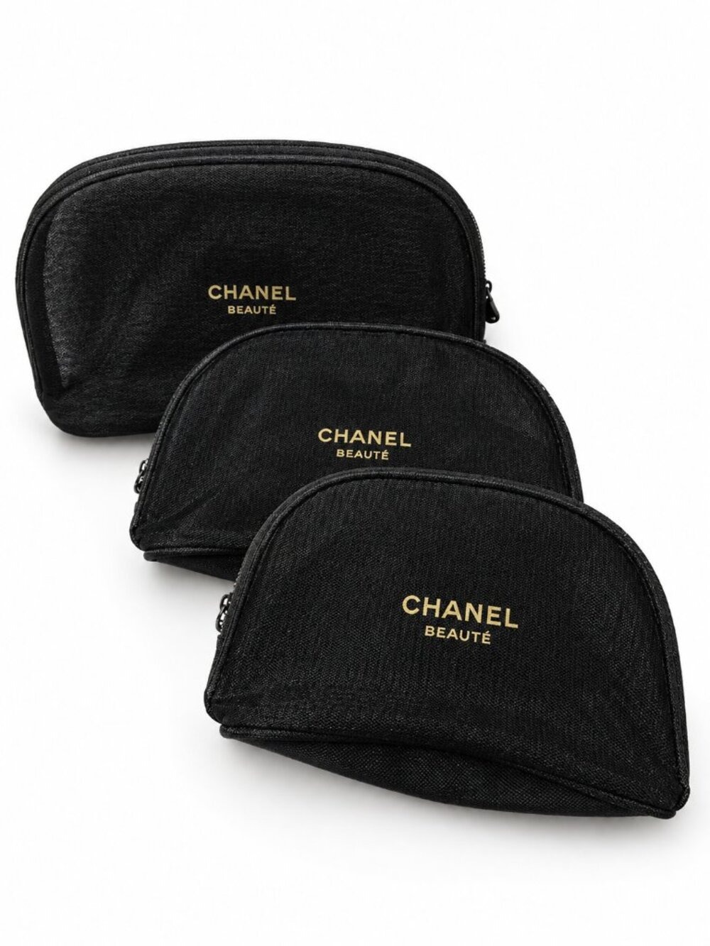 CHANEL Beauty Black Cosmetic Pouch Set of 3 Gold Logo GWP 0917